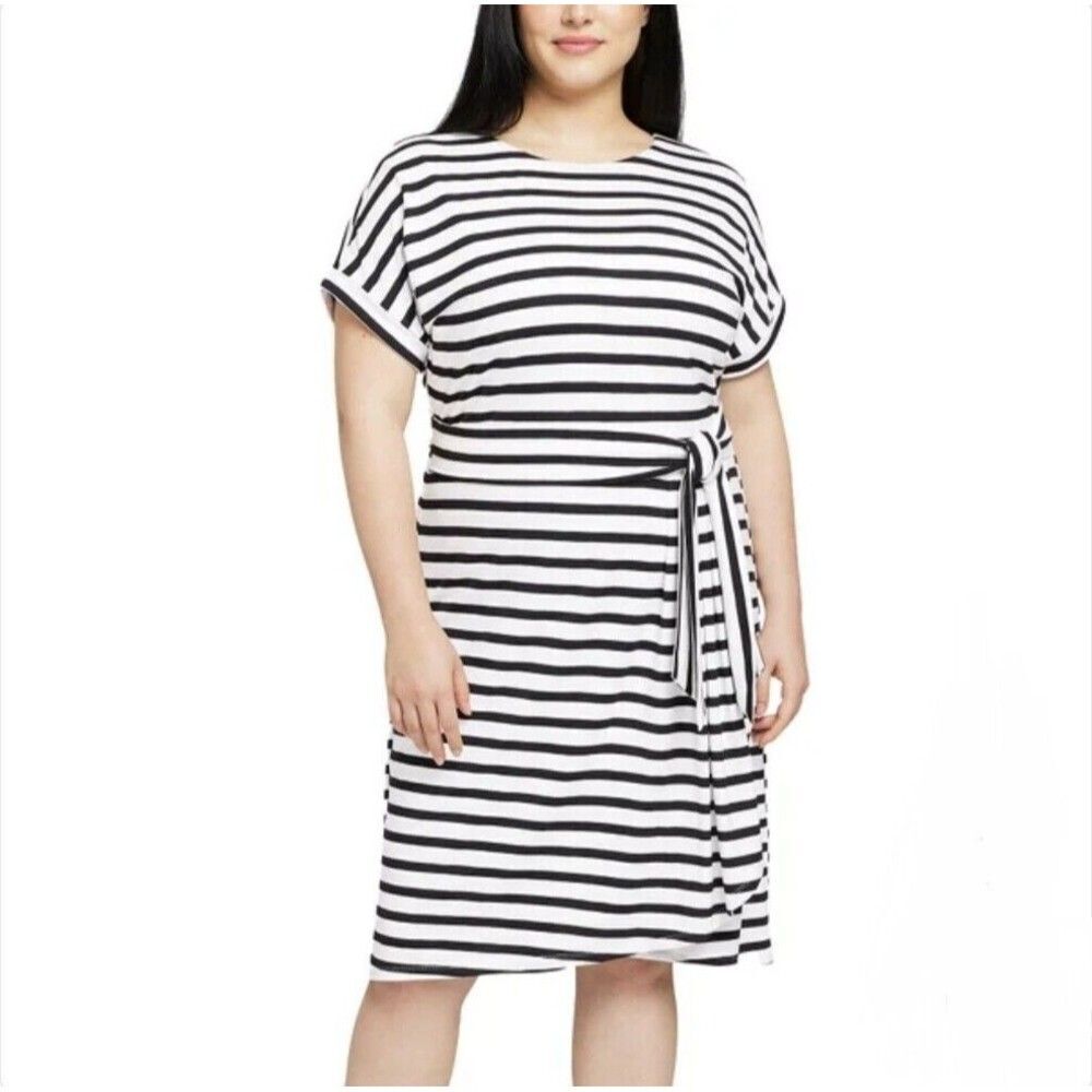 CHAPS Women's Crewneck Stretch Knit Dress Sash Belt Black White Stripe Size XXL